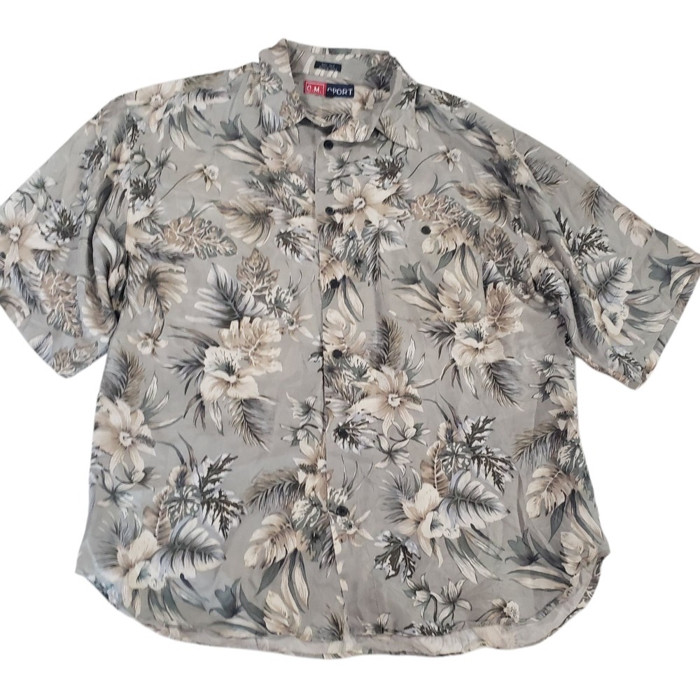 CM Sport Short‎ Sleeve Button Up Shirt Mens Gray L Silk Floral Hawaiian Summer